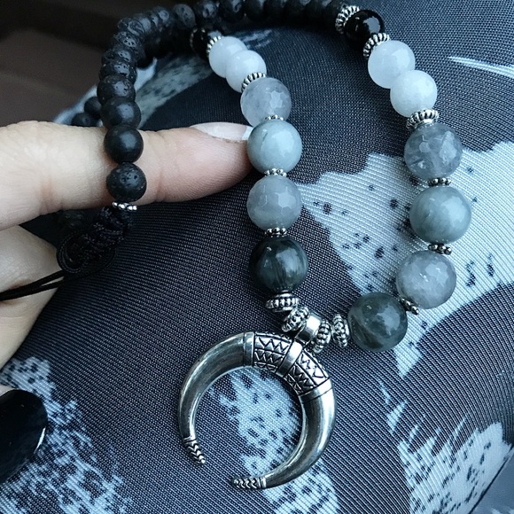 Boho quartz onyx bead chocker silver moon necklace - Picture 5 of 8